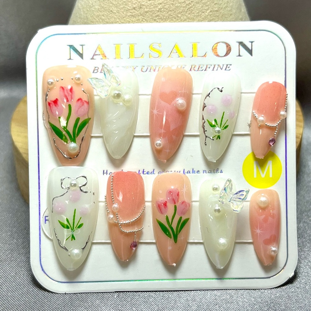 Tulip Press On Nail Art floral 3D butterfly pearl accent reusable handmade 10 pc